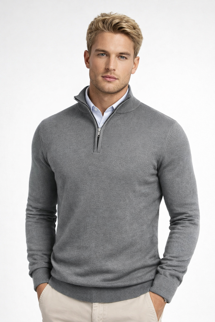 Men's high neck half zip sweater, comfortable, stylish, and perfect for modern casual winter fashion.