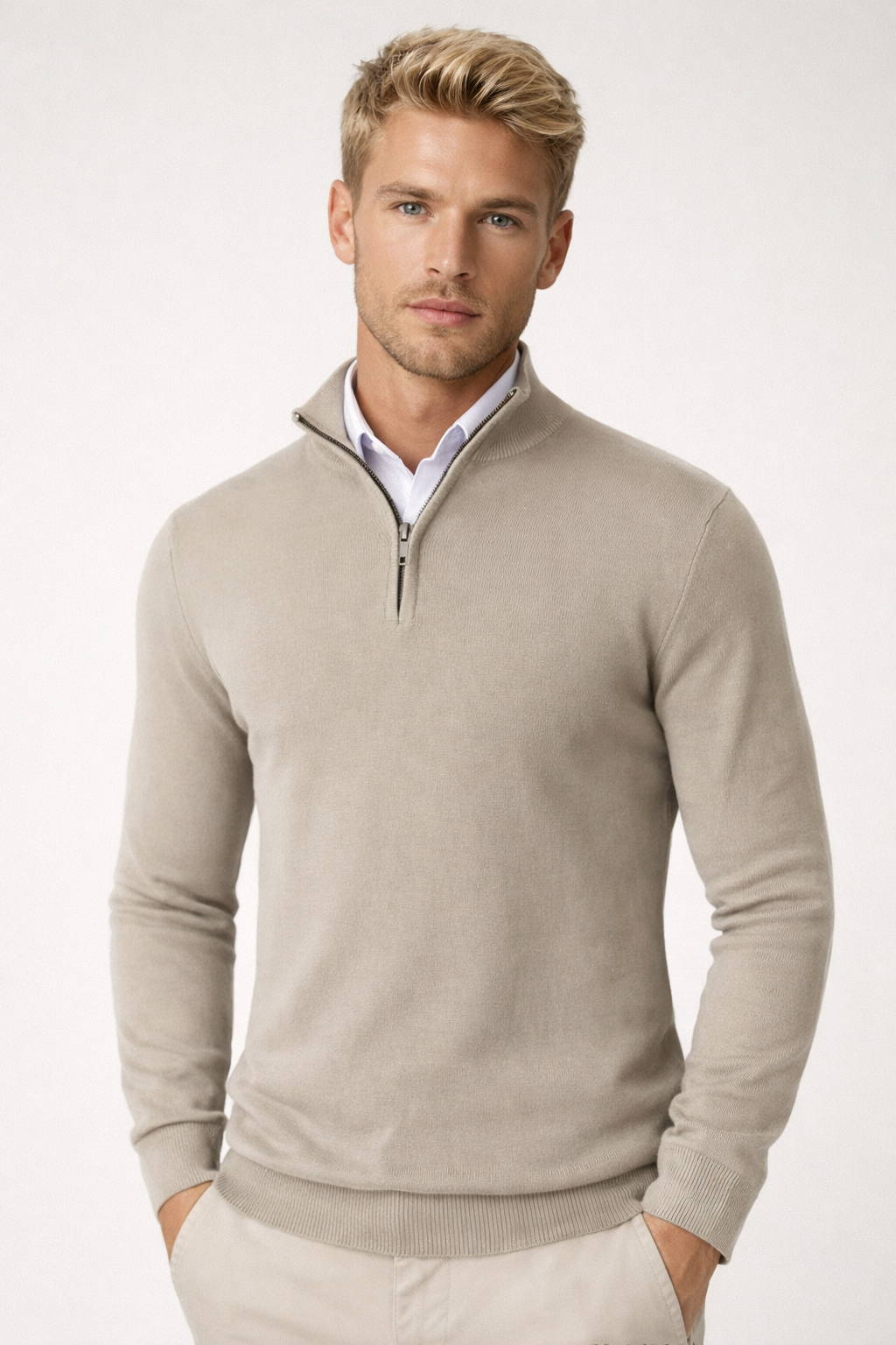 Versatile men's half zip high neck sweater, suitable for both fall and winter everyday fashion.