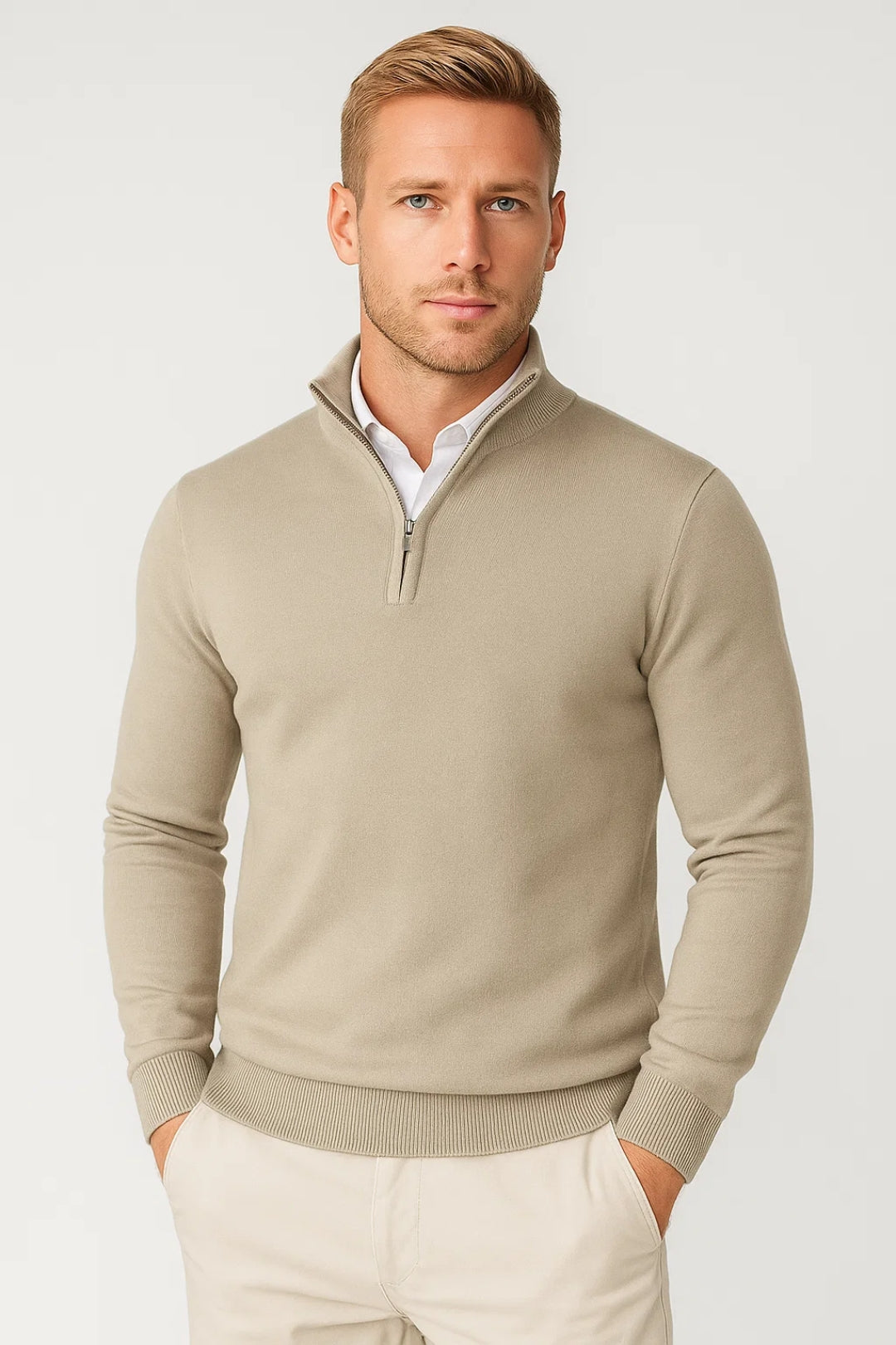Enjoy modern winter comfort with this stylish men's half zip high neck sweater for everyday wear.