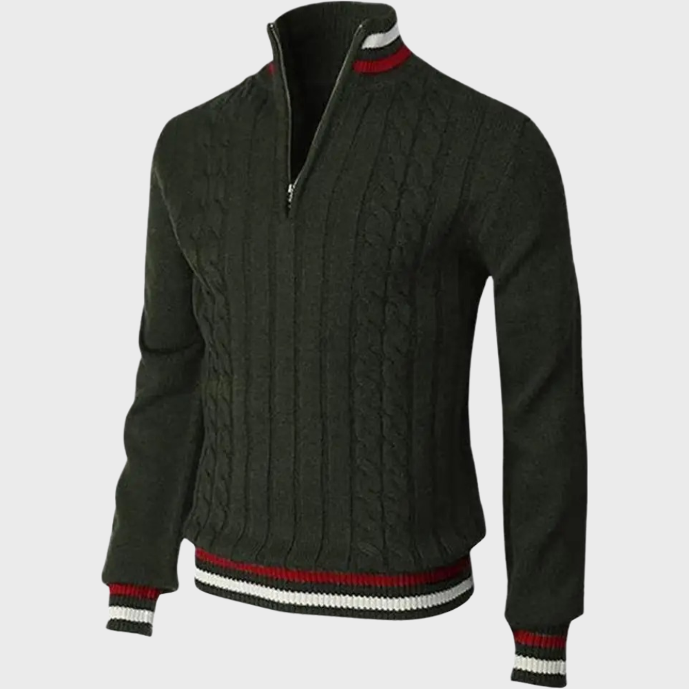 Close-up of a man's hand adjusting the zipper on a breathable, long sleeve pullover sweater.