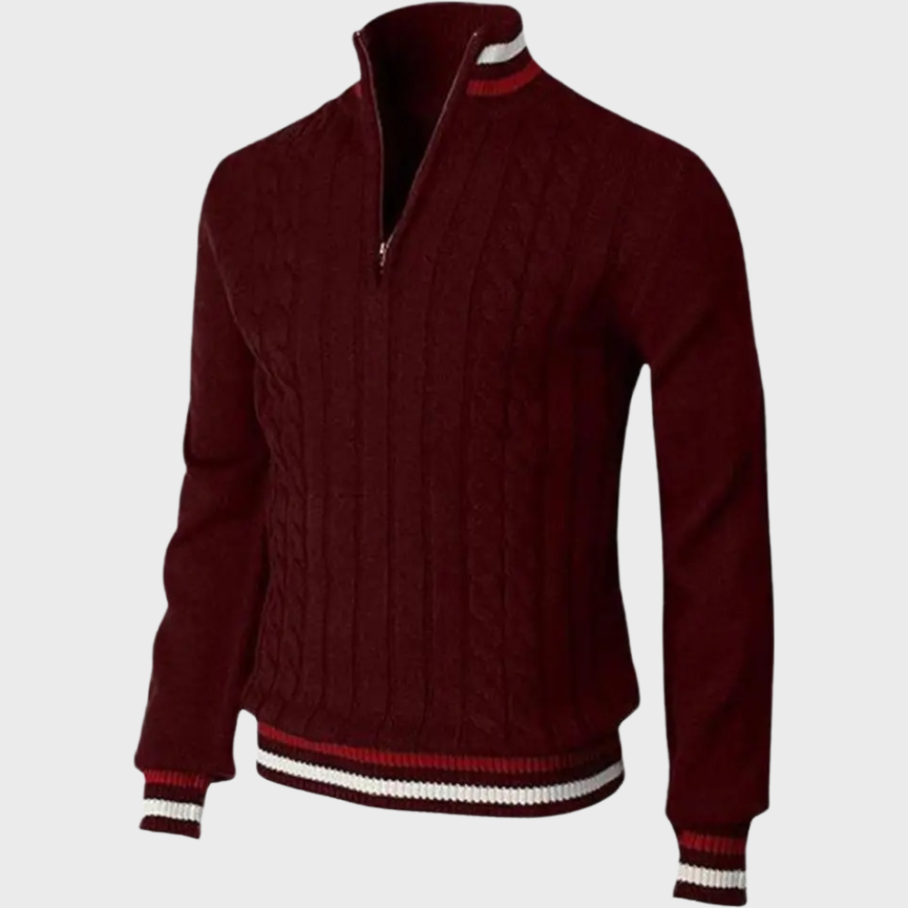 Model wearing a smart casual men's half zip sweater, showcasing its comfortable fit and versatile style.