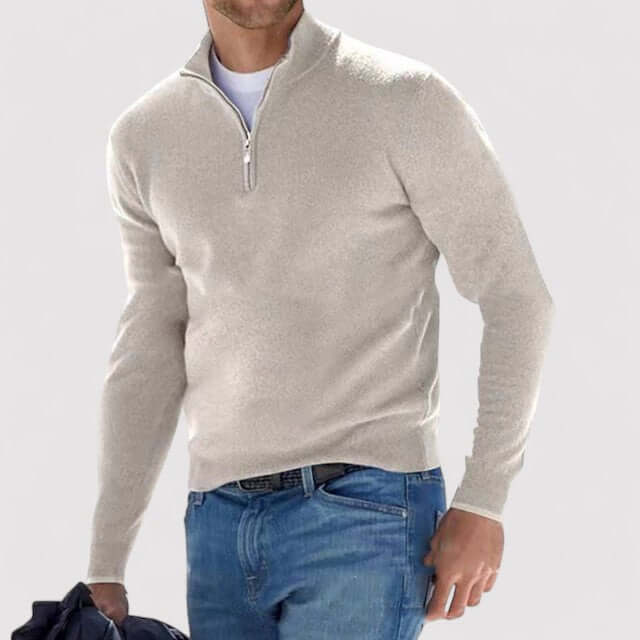 Comfortable men's long sleeve half-zip sweater for fall & winter casual wear.