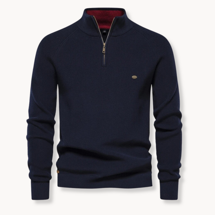 Men's half-zip ribbed knit mock neck sweater for casual fall wear.