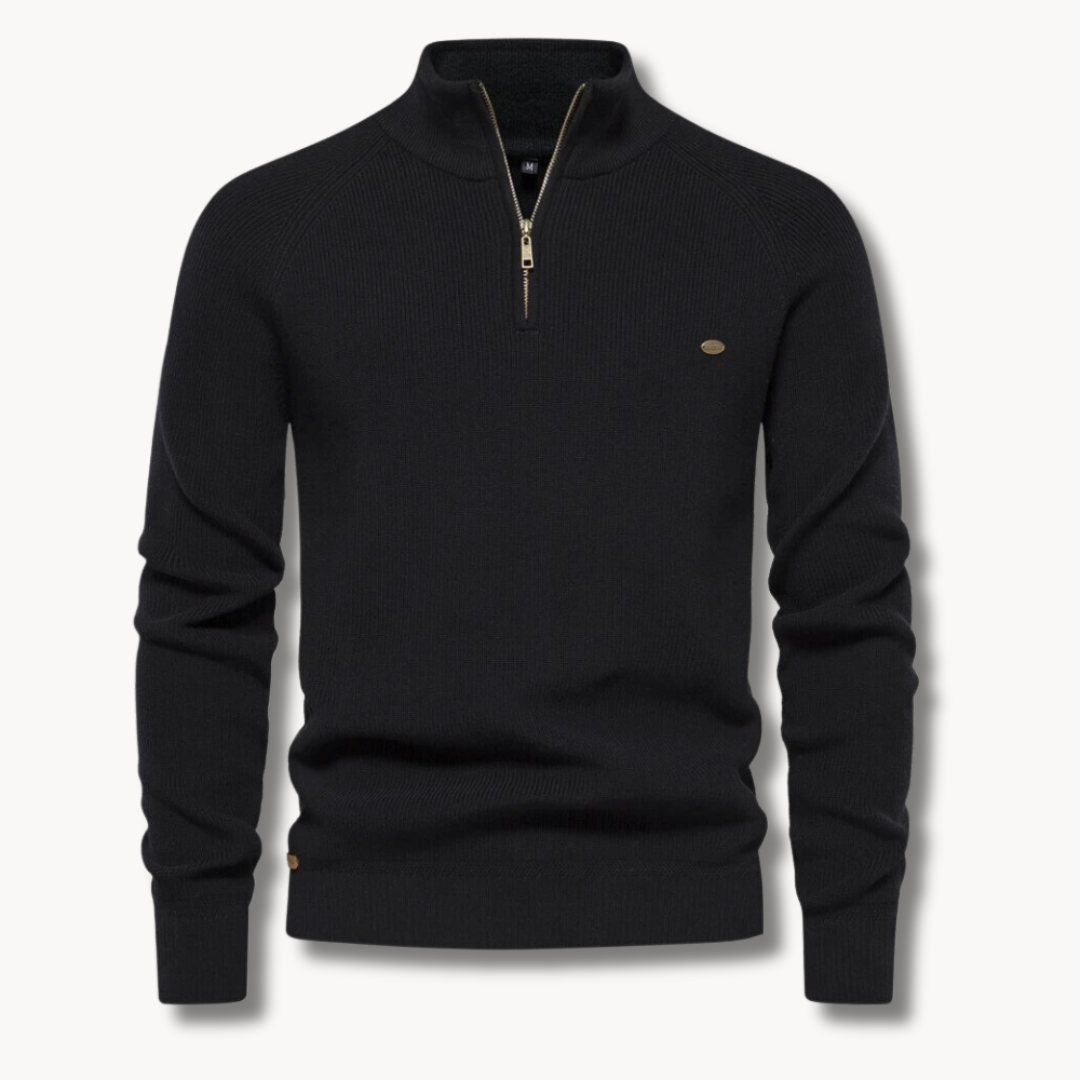 Stylish menswear: long sleeve half-zip pullover sweater in ribbed knit.