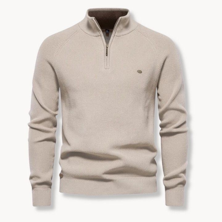 Cozy men's mock neck sweater with a modern half-zip design, ideal for winter.