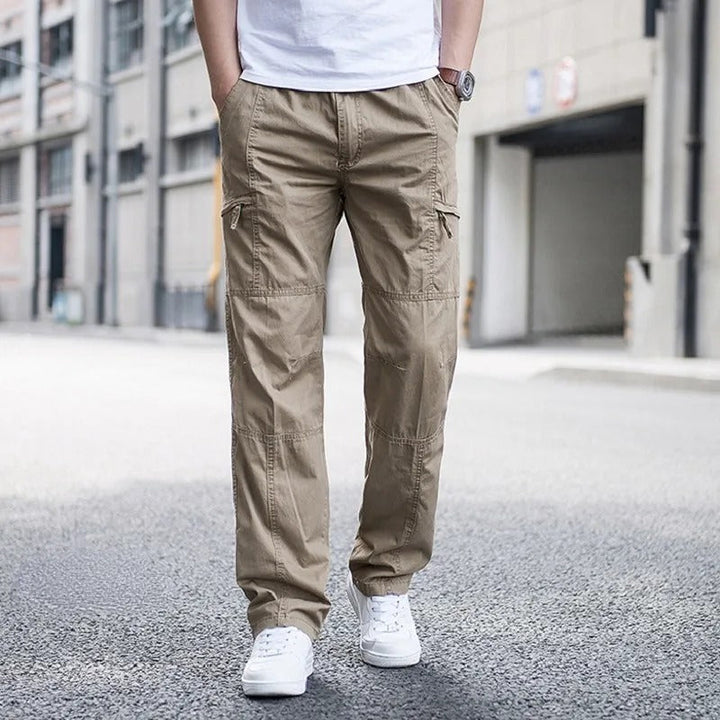 Men's Hamilton relaxed fit cargo pants in khaki, featuring multiple utility pockets for everyday casual style.