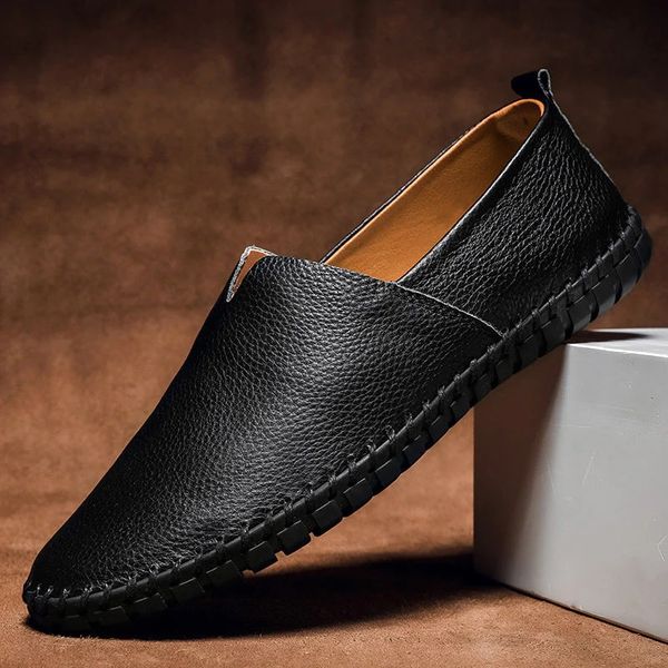 Side view of stylish men's faux leather loafers, emphasizing the hand-stitched detail and comfort sole.