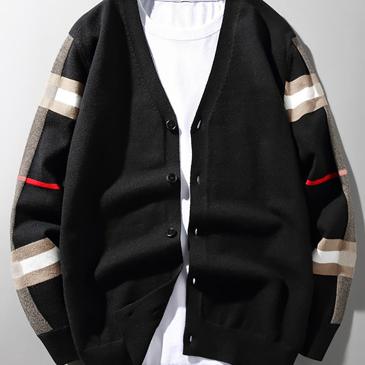 Elegant men's knit button cardigan, handcrafted, premium fall fashion layering piece.