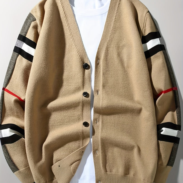 Luxurious jacquard knit men's cardigan, handcrafted, soft texture, comfortable winter wear.
