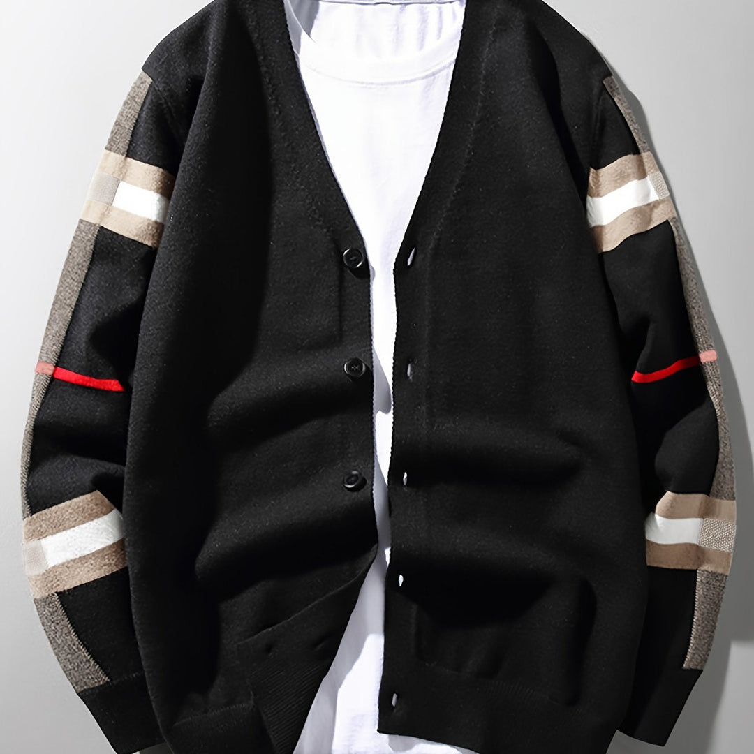 Men's regular fit knit button-front cardigan, elegant luxury casual sweater, versatile style.