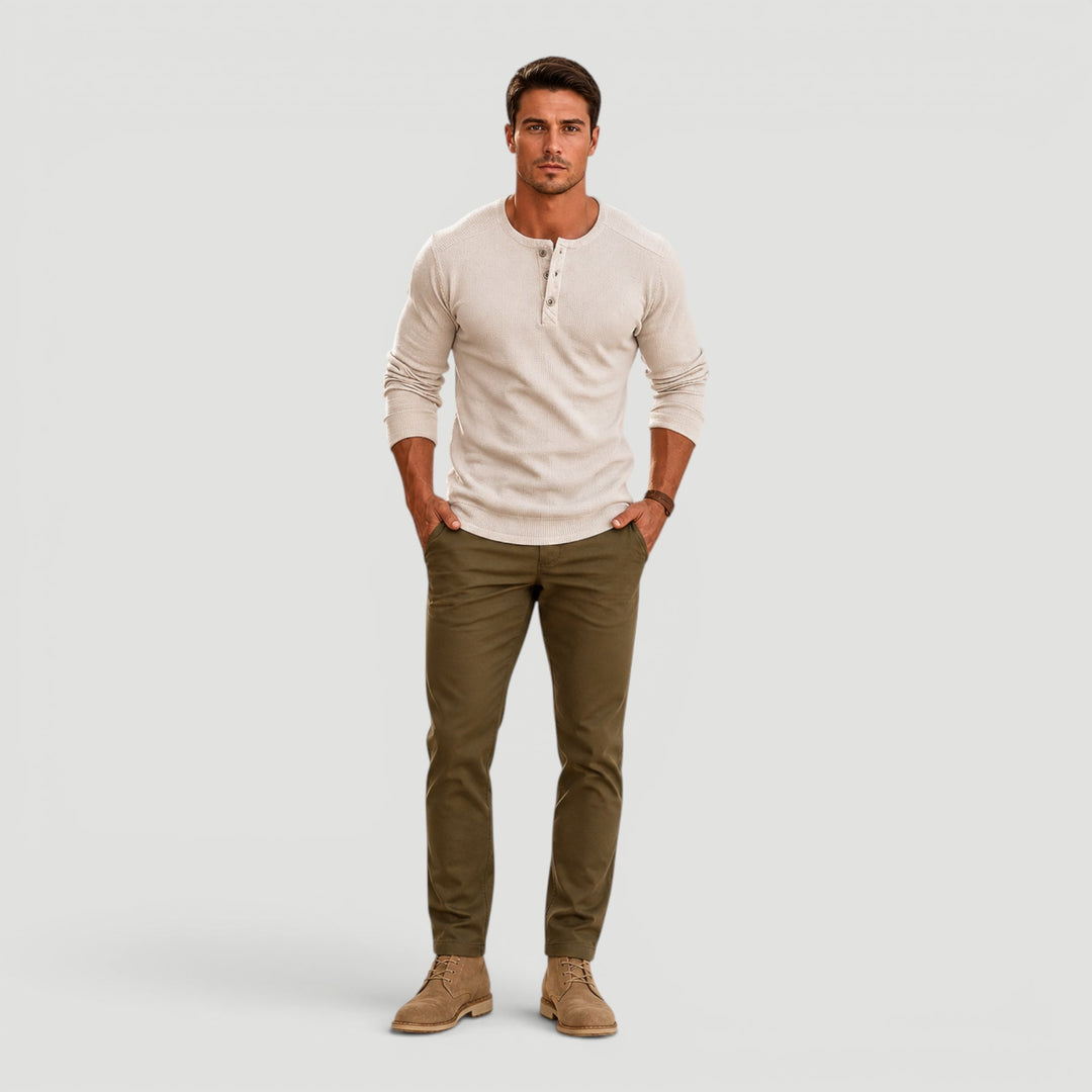 Men's Henley sweater, long sleeve with button neck, perfect for casual everyday comfort.