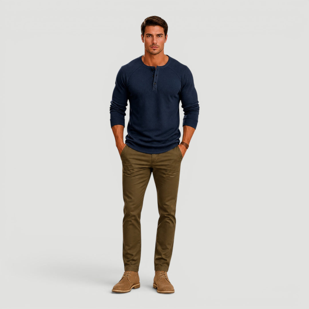 Stylish men's knit Henley sweater, versatile long sleeve top for fall fashion & winter layering.