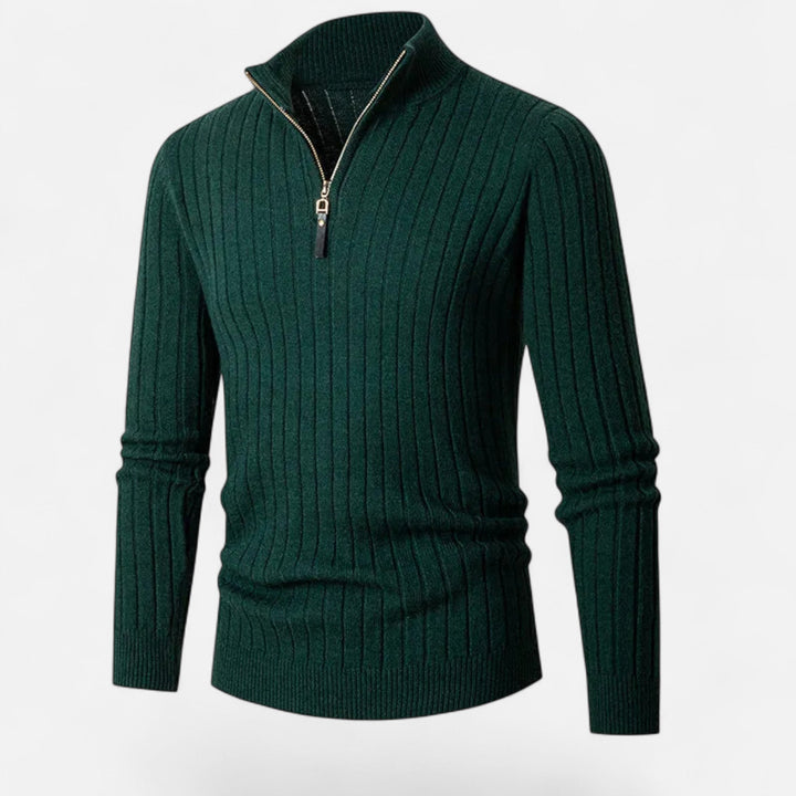 Premium Men's Heritage Vertical-Bar Half-Zip Knit Sweater, offering warmth and sophisticated appeal.