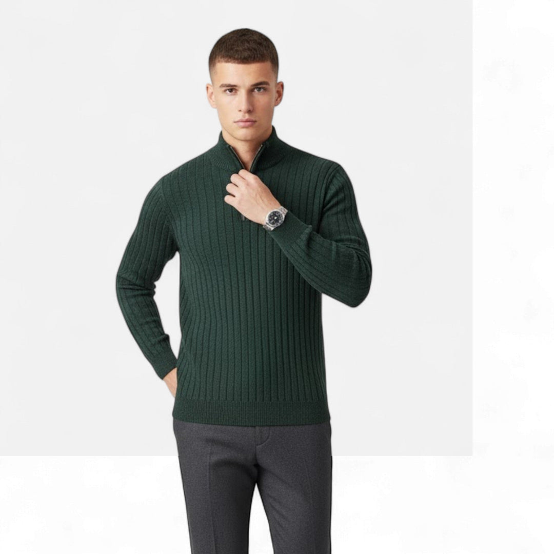 Layerable Men's Half-Zip Knit Sweater, classic vertical bar pattern, ideal for cool weather fashion.
