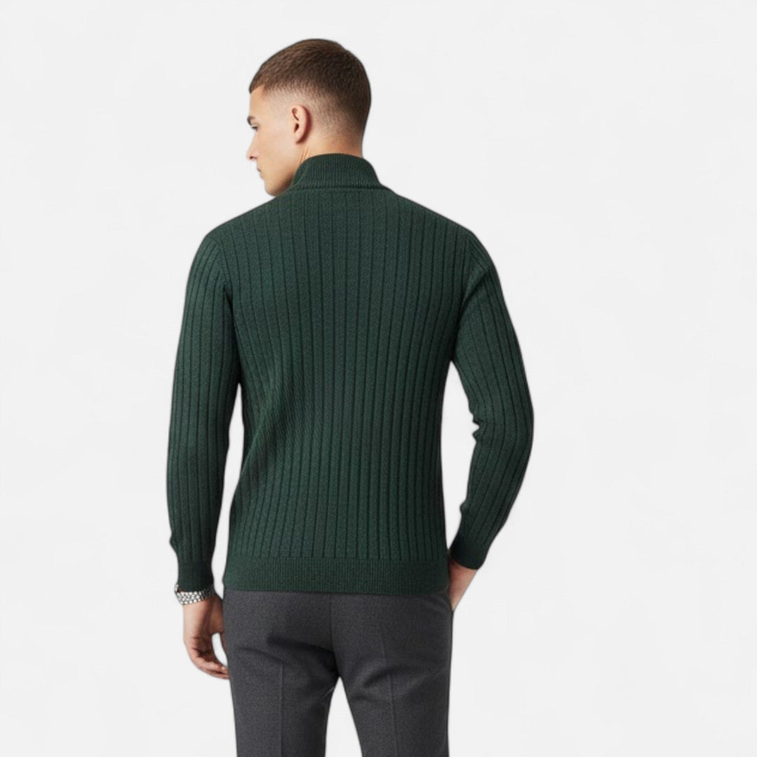 Close-up of a Men's Half-Zip Knit Sweater, highlighting its intricate vertical bar pattern and texture.