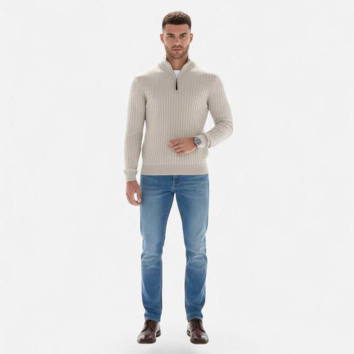Sophisticated Men's Knit Half-Zip Sweater, classic vertical bar design, great for casual or smart looks.