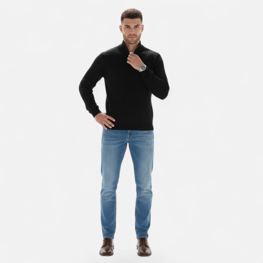 Sophisticated Men's Half-Zip Knit Sweater with unique vertical bar pattern, ideal for fall & winter fashion.