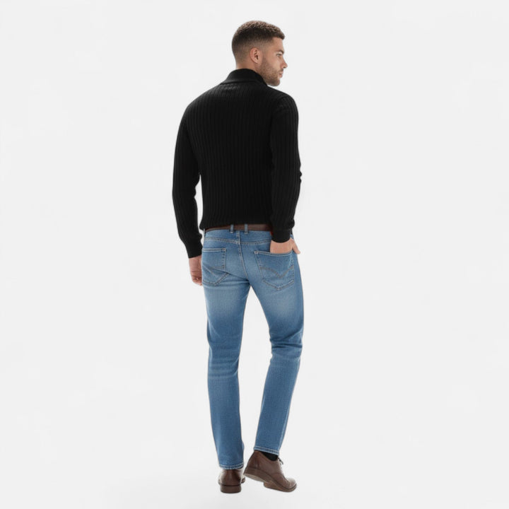 Versatile Men's Half-Zip Knit Sweater, heritage design & vertical bar pattern, perfect for layering.