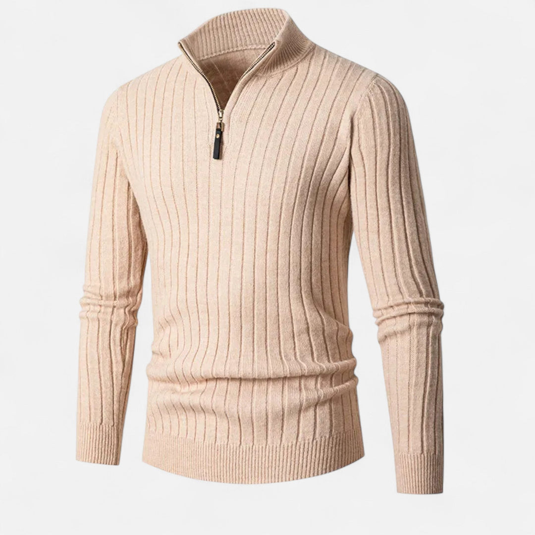 Comfortable Men's Knit Half-Zip Sweater with elegant vertical bar design, great for fall fashion.