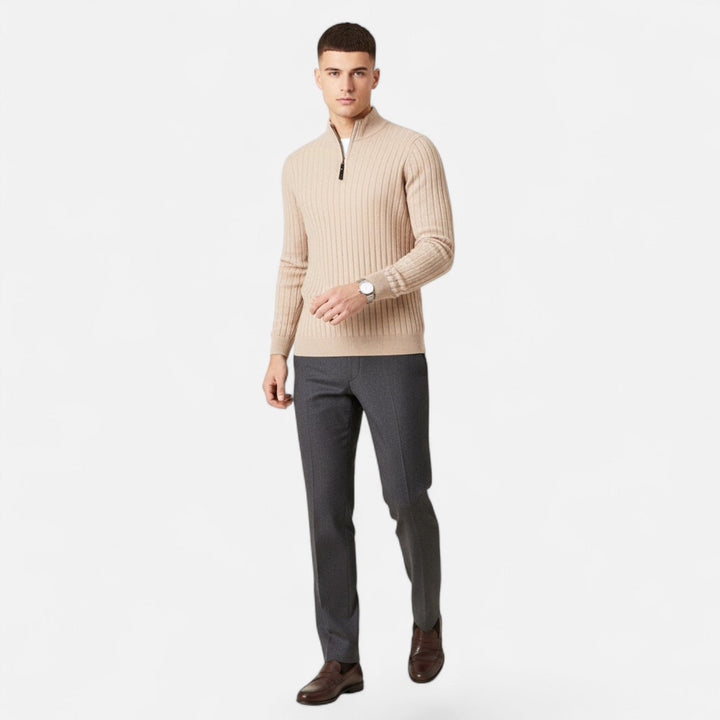 Men's Heritage Half-Zip Knit Sweater, long sleeve with vertical bar texture, essential winter wear.