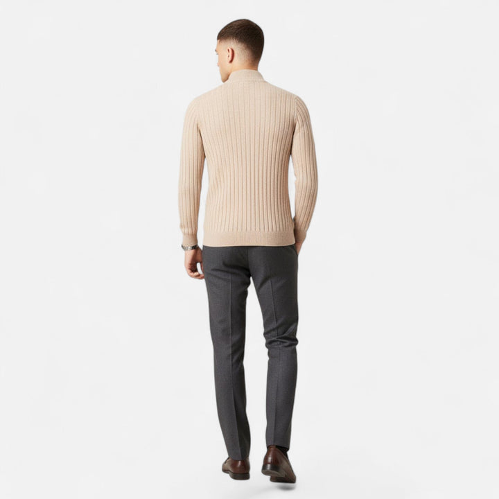 Classic Men's Half-Zip Sweater, knit with vertical bar pattern, perfect for casual or elegant layering.