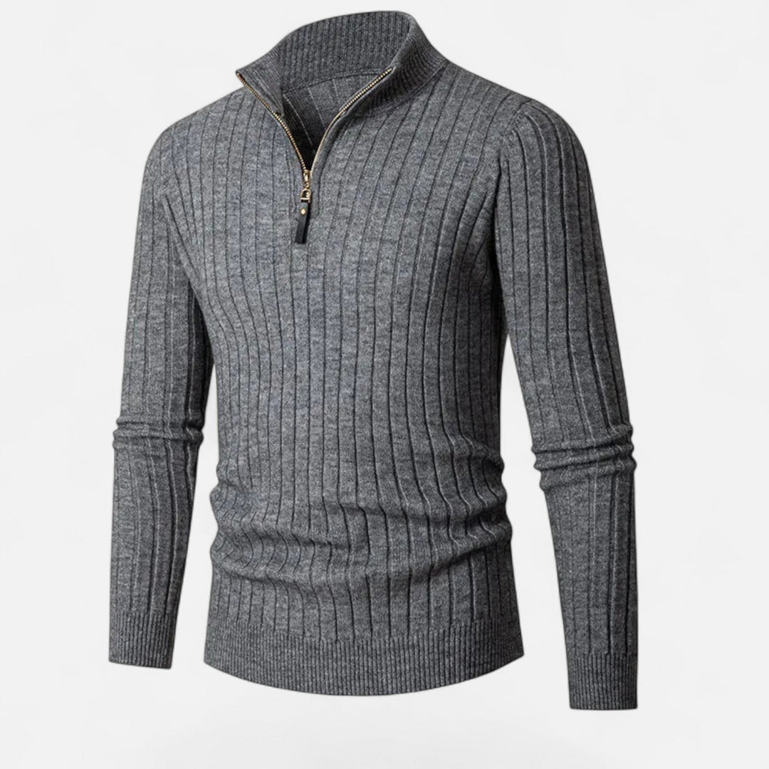 Fall/Winter Men's Heritage Half-Zip Knit Sweater, elegant vertical bar design & long sleeves for warmth.