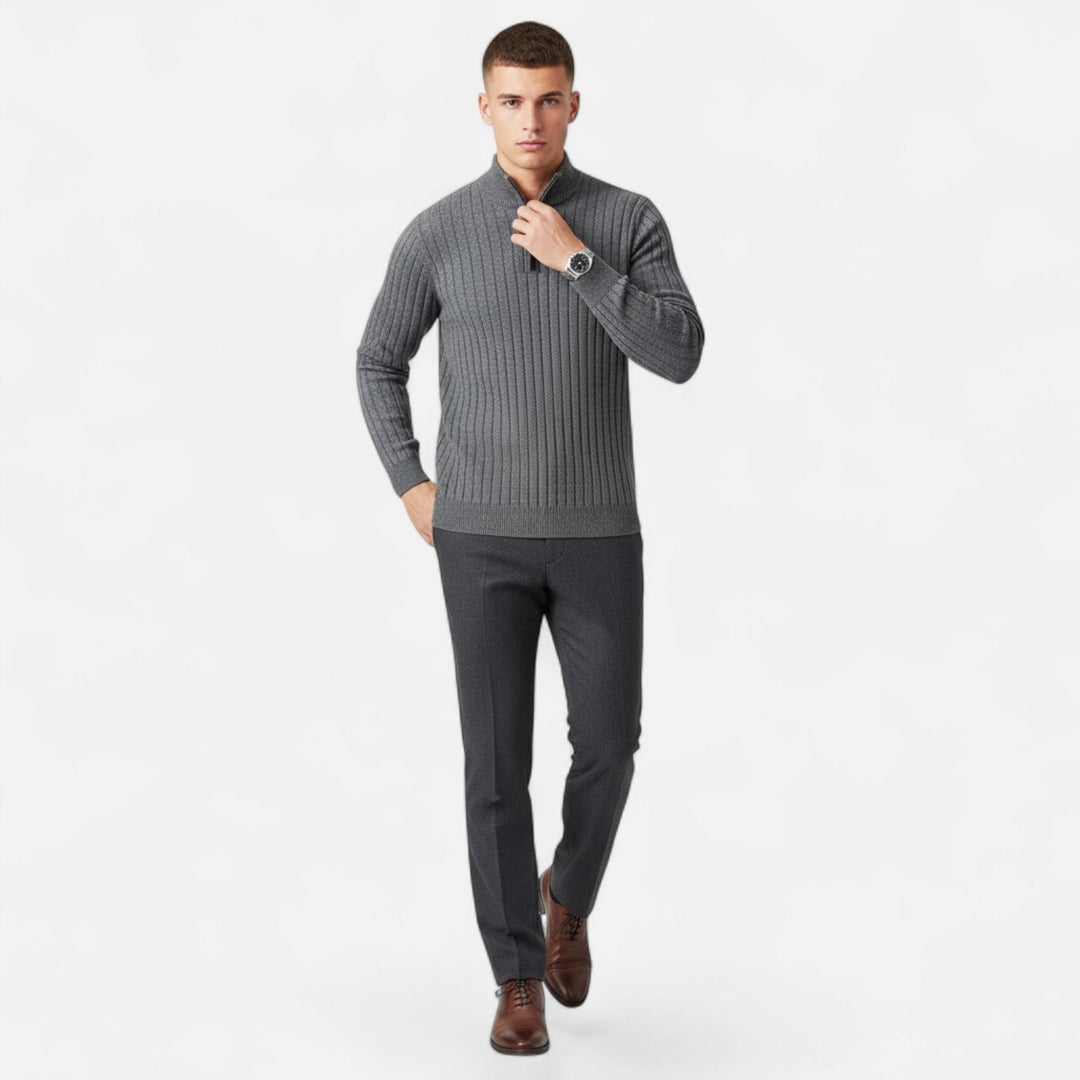 Stylish Men's Long Sleeve Half-Zip Knit Sweater, featuring a sophisticated heritage vertical bar pattern.