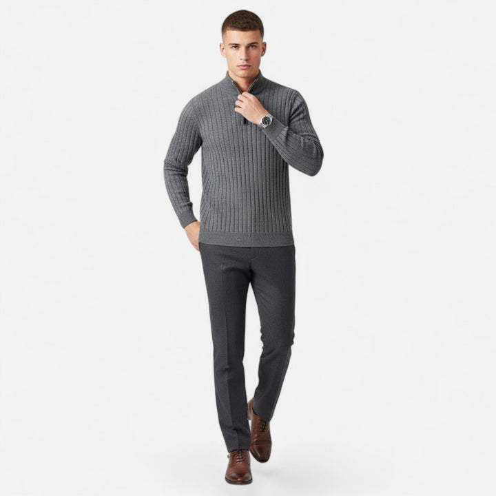 Stylish Men's Long Sleeve Half-Zip Knit Sweater, featuring a sophisticated heritage vertical bar pattern.
