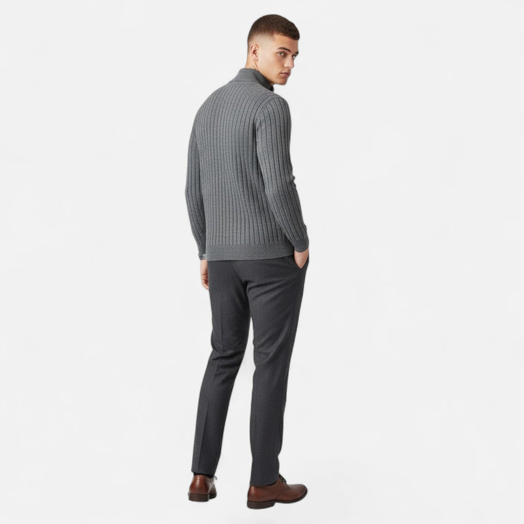 Casual elegant Men's Half-Zip Knit Sweater, heritage style with a distinctive vertical bar texture.