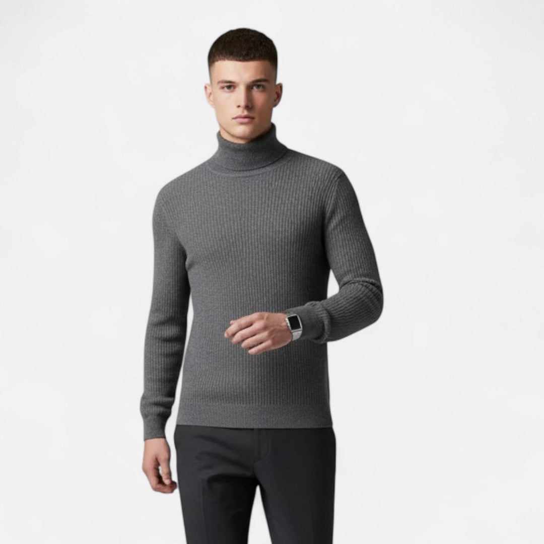 Warm camel oversized pullover sweater for men. Features a high lapel & relaxed fit for ultimate cold-weather comfort.