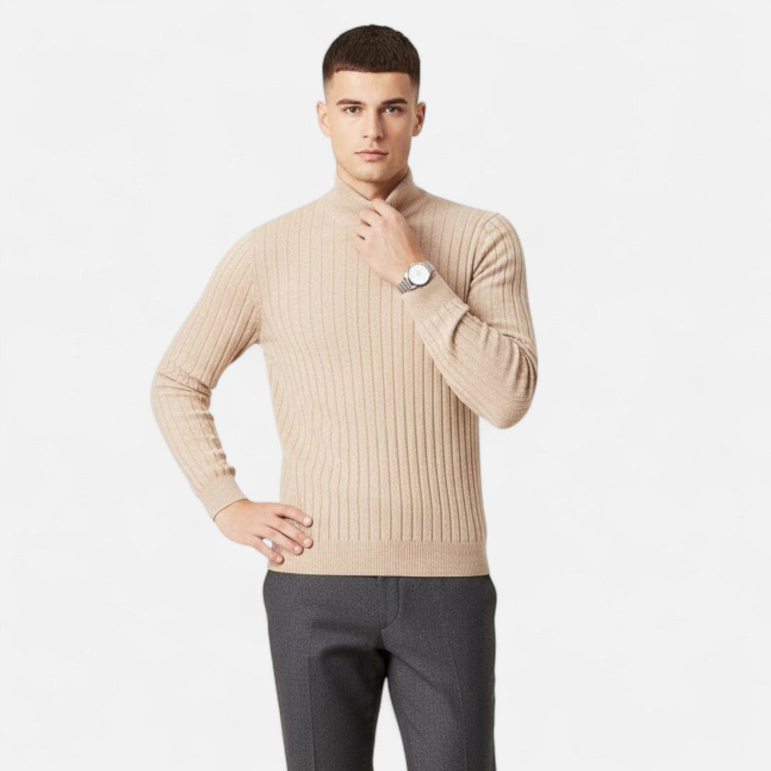 Sophisticated black oversized pullover sweater for men. High lapel & relaxed fit, perfect for casual luxury.