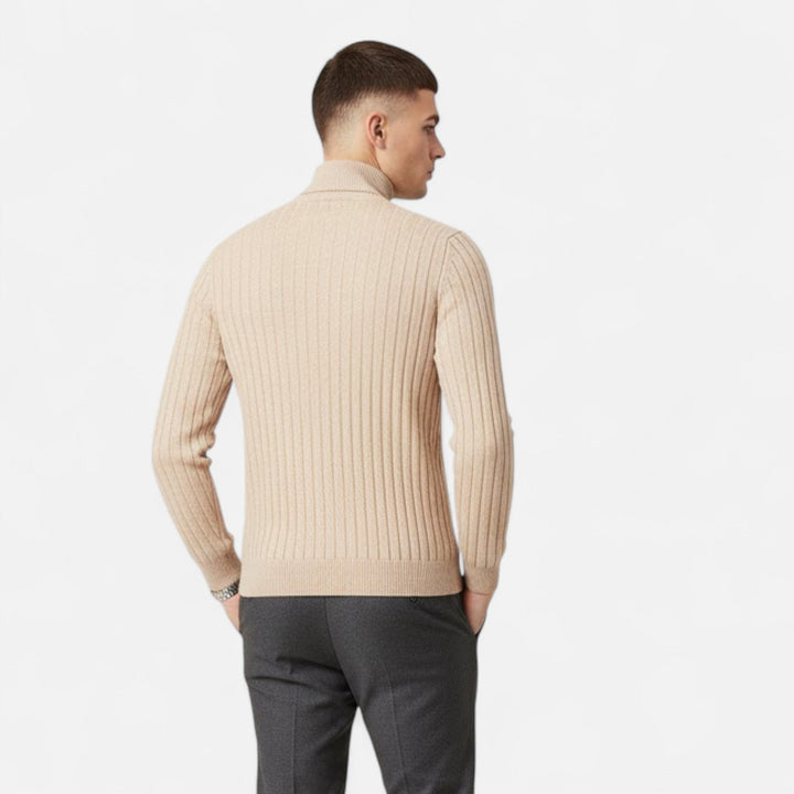 Camel high-lapel men's oversized pullover sweater. Elegant knit, comfortable relaxed fit for winter style.