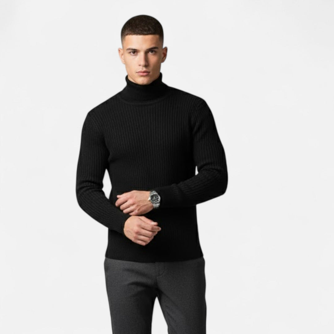 Elegant knit oversized pullover sweater in beige for men. High lapel, relaxed fit for ultimate winter comfort.