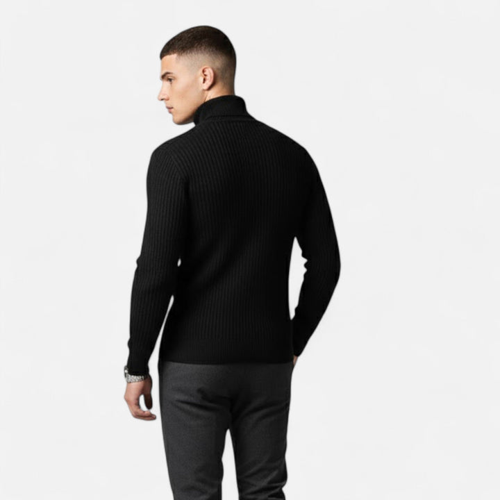 Stylish black men's high-lapel oversized pullover. Offers a relaxed fit & casual luxury for modern fashion.