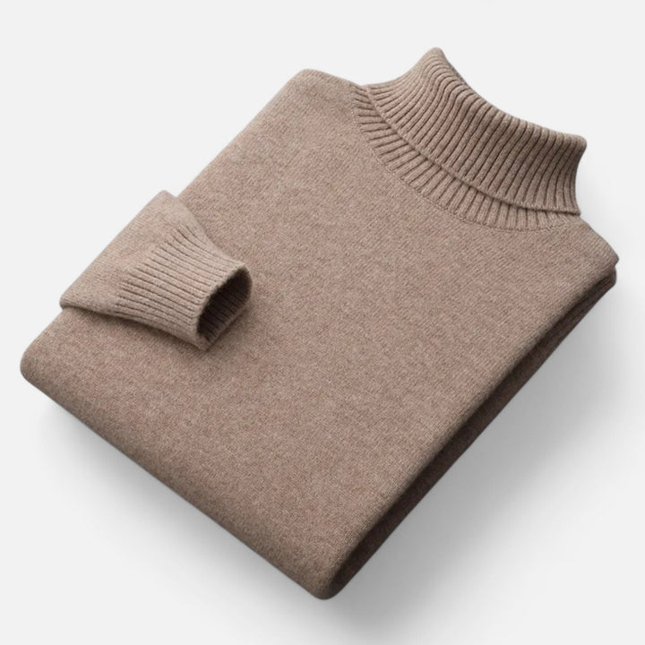 Sophisticated camel men's pullover sweater. Oversized, high-lapel design, ideal for autumn/winter layering.