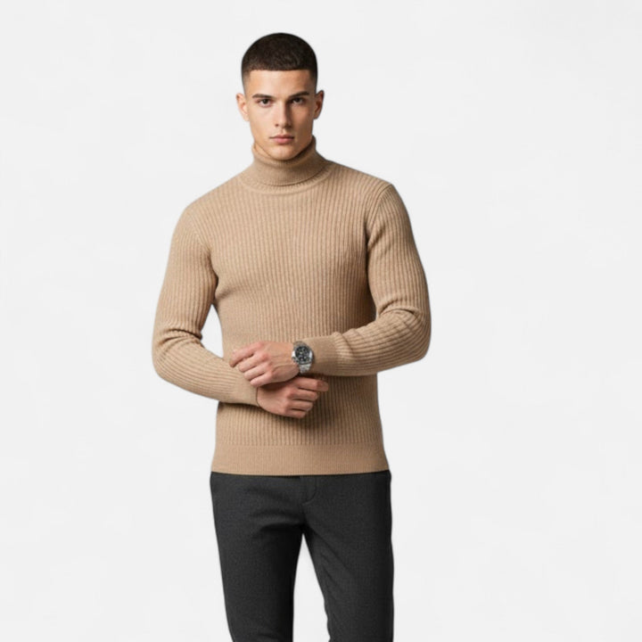 Front view of a grey men's high-lapel oversized pullover sweater, showcasing its relaxed elegant knit.