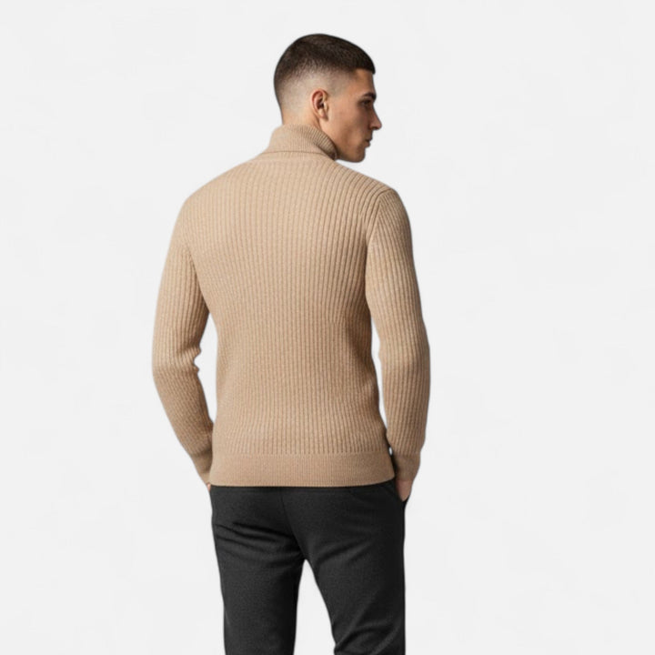 Men's luxurious beige oversized pullover sweater. High-lapel & relaxed fit for a casual yet sophisticated look.