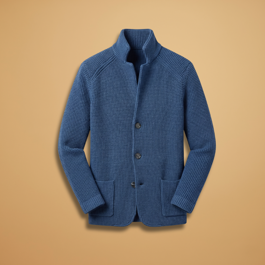 Men's high neck cardigan with button closure, perfect for fall fashion.