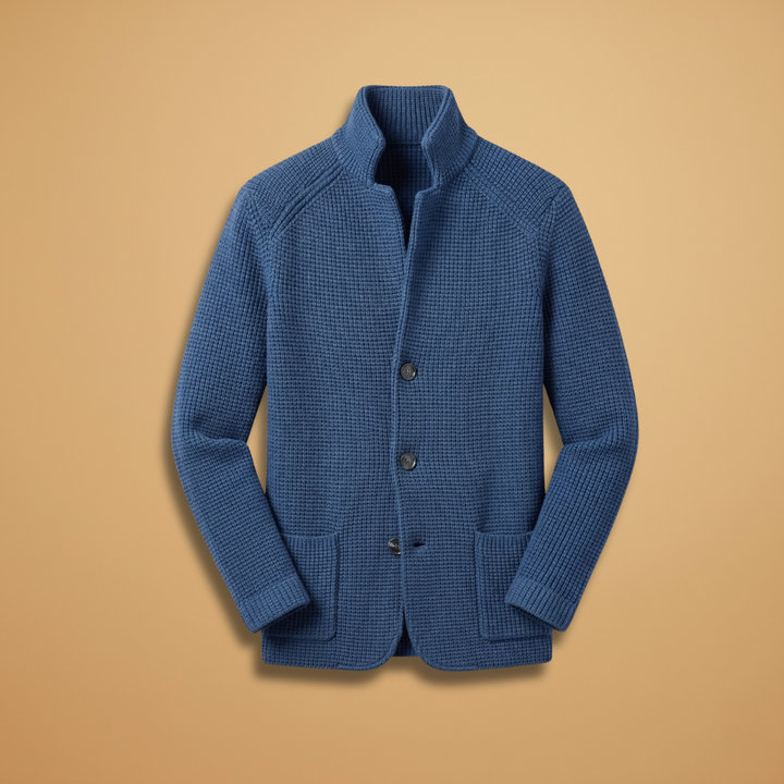 Men's high neck cardigan with button closure, perfect for fall fashion.
