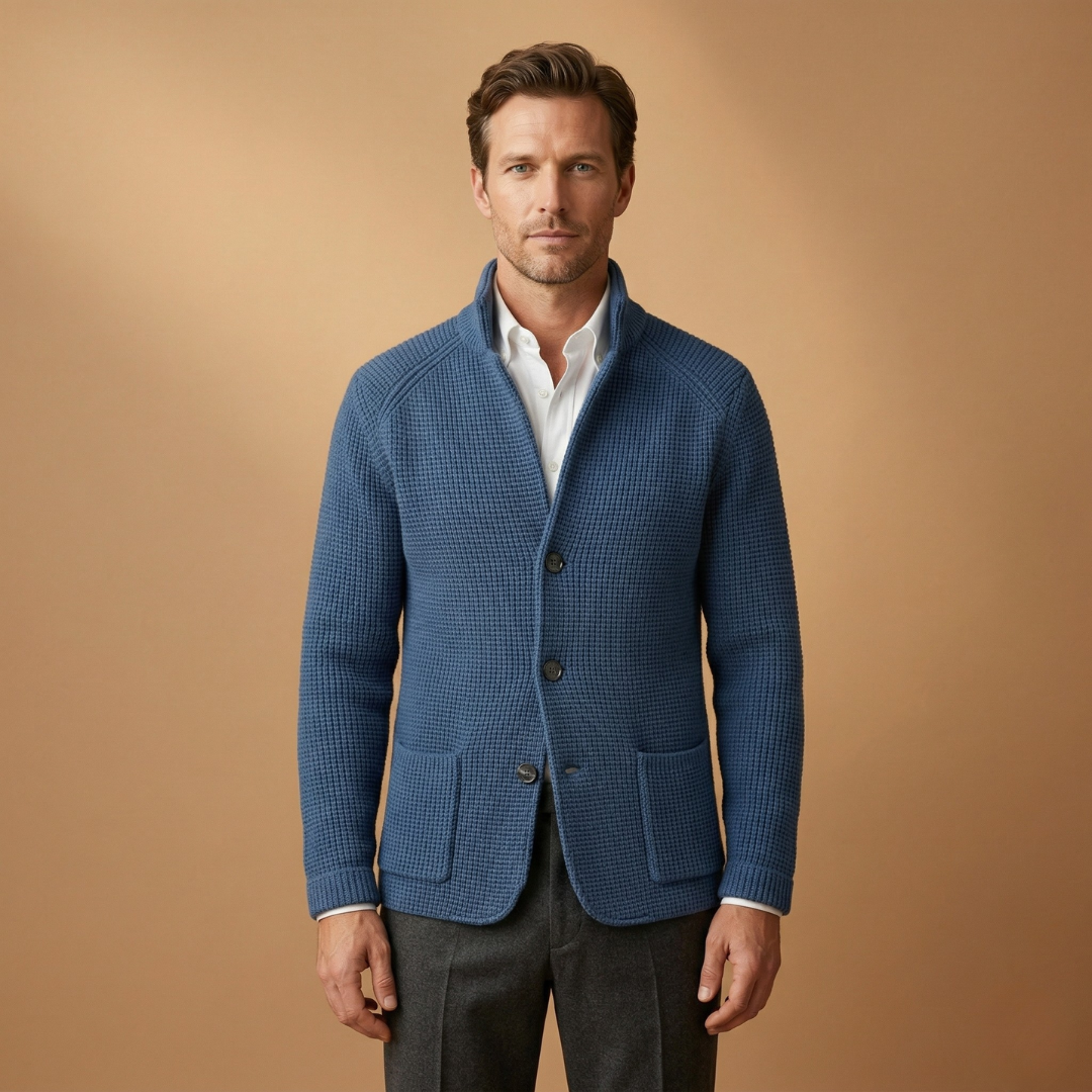 Cozy knitwear: Men's high neck cardigan featuring convenient button closure.