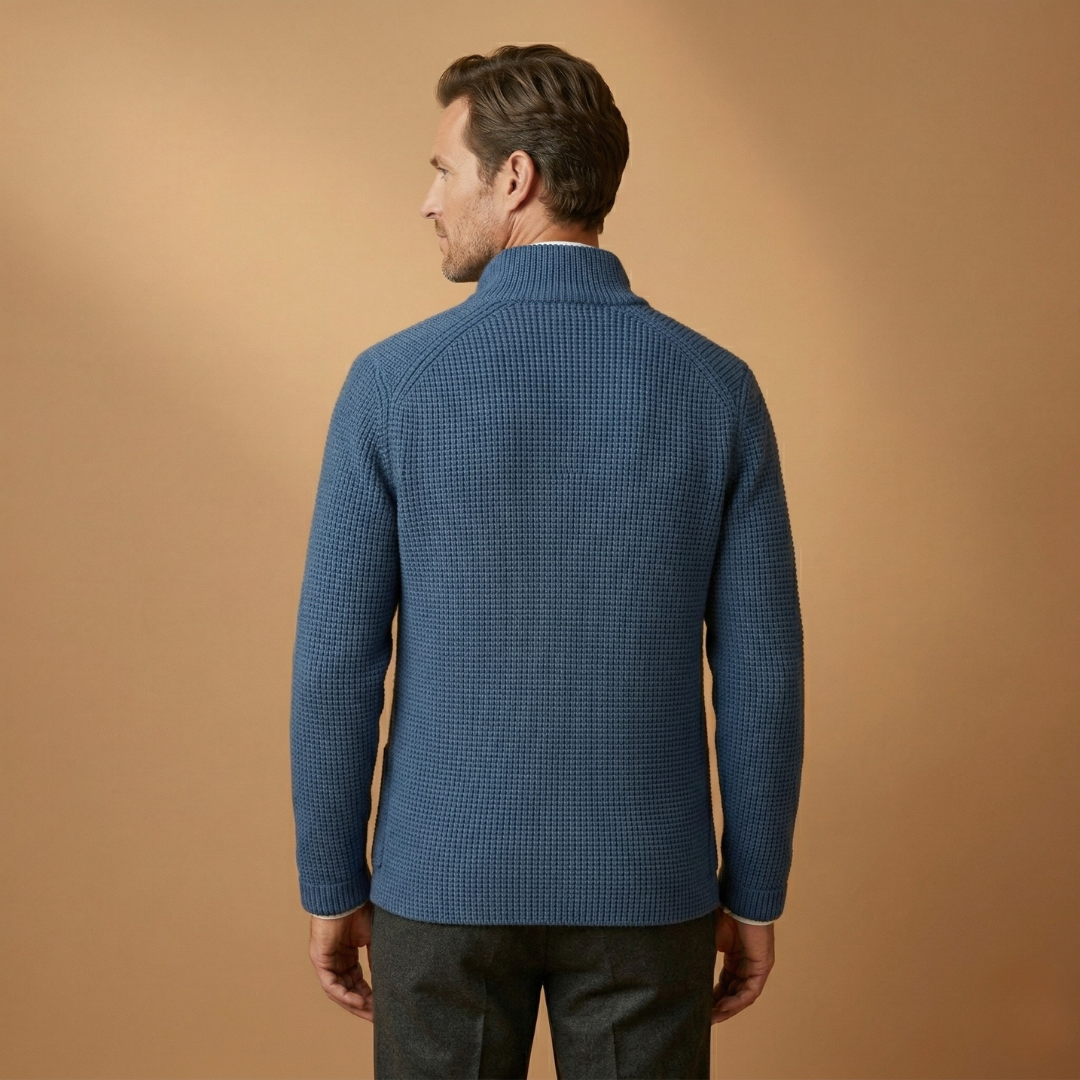 Stylish men's cardigan with a sophisticated high neck and practical pockets.