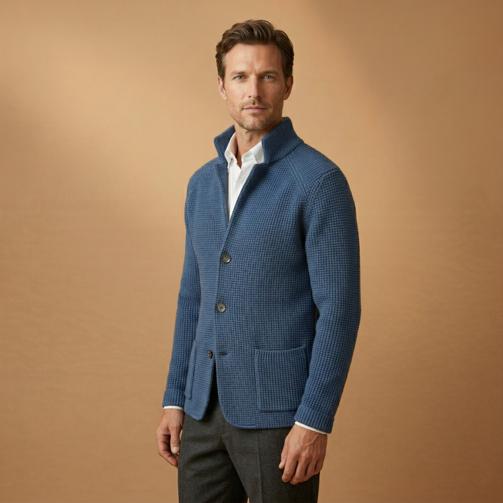 Versatile layering piece: Men's high neck button-up cardigan for winter wear.