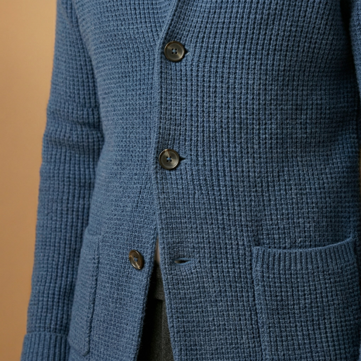Casual style essential: Men's high neck knit cardigan with easy button closure.