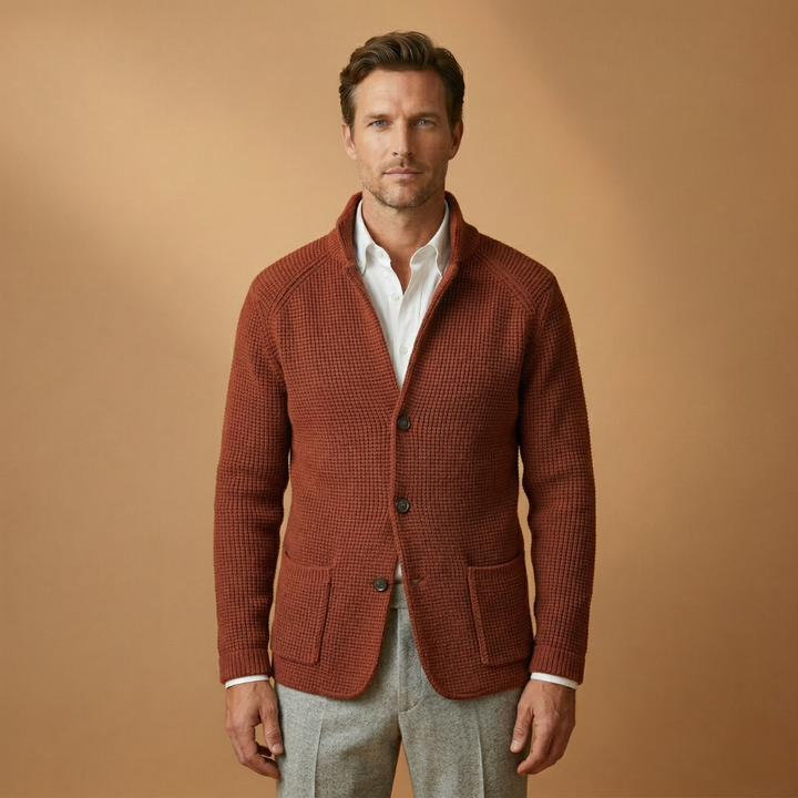 Warm and fashionable men's high neck cardigan, ideal for cooler weather.