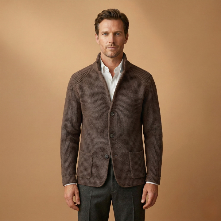 Detailed view of men's high neck cardigan showing button closure and knit texture.