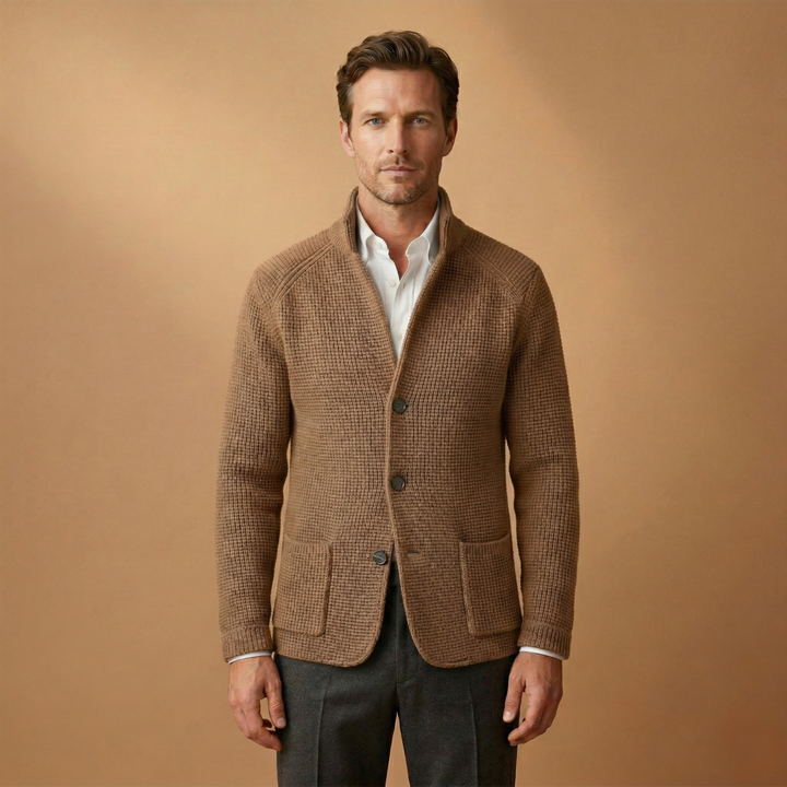 Men's knitwear staple: High neck cardigan with button fastening and side pockets.