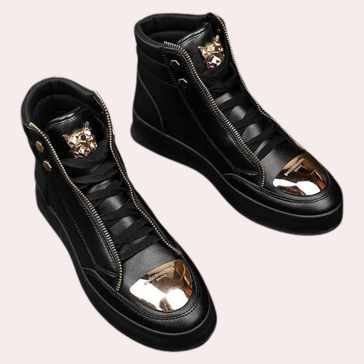 Men's high-top sneakers with a bold metallic toe, perfect for streetwear and urban style. Unique statement trainers.