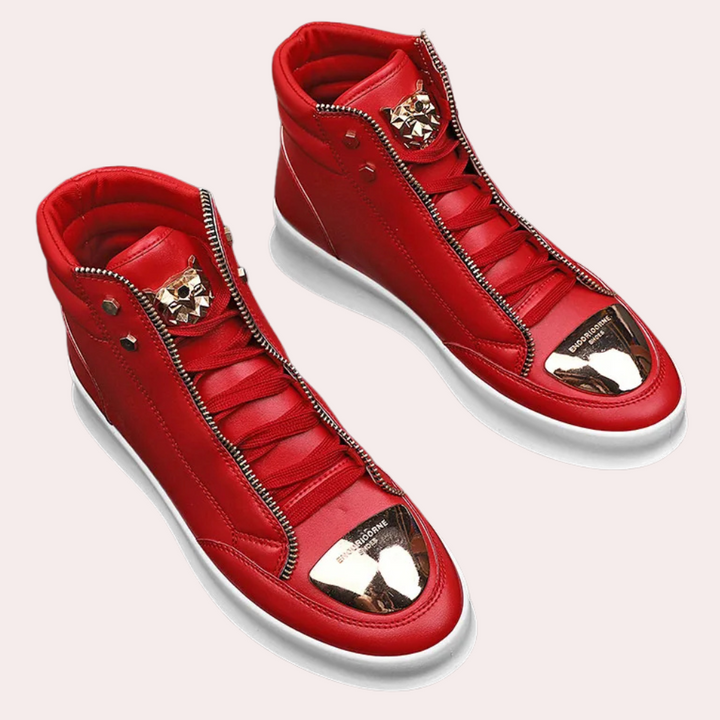 Black men's high-top trainers with a striking metallic toe and practical side zip. Urban streetwear sneakers.