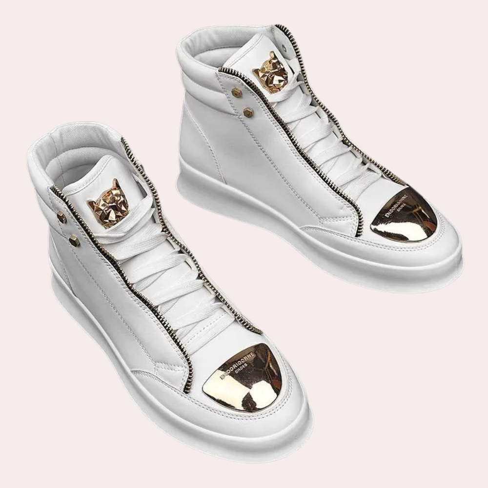 Fashionable men's high-top statement sneakers, featuring a metallic toe for bold streetwear and urban casual looks.