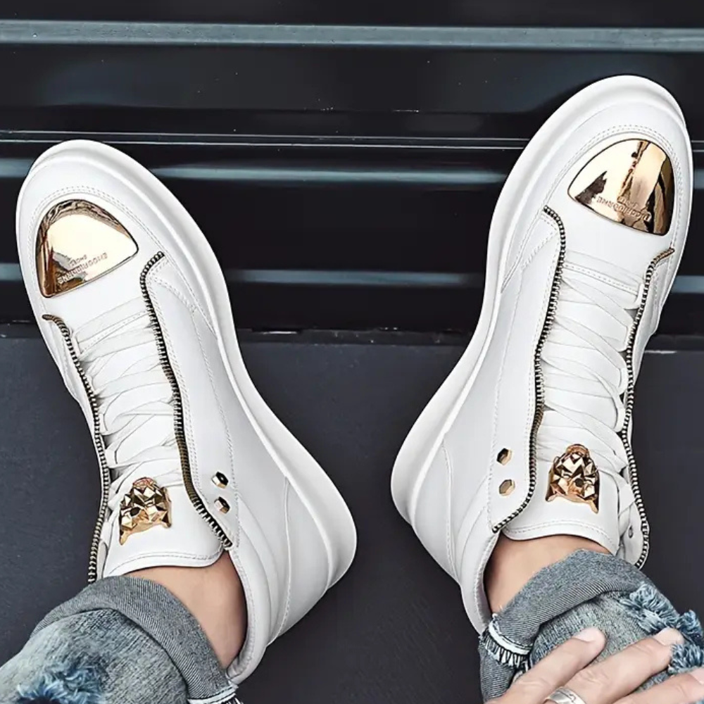 Unique men's high-top trainers with a distinctive metallic toe, ideal for bold streetwear and statement fashion.